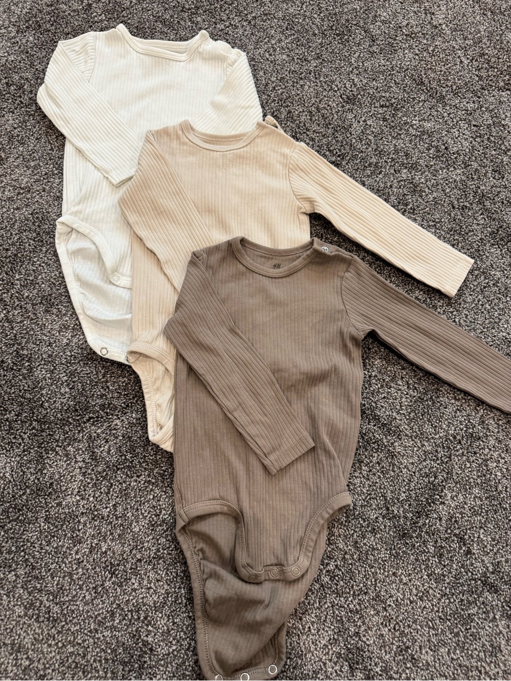 3 Ribbed Long-Sleeve One-Piece Bodysuits - White, Cream, Brown (3-Pack)